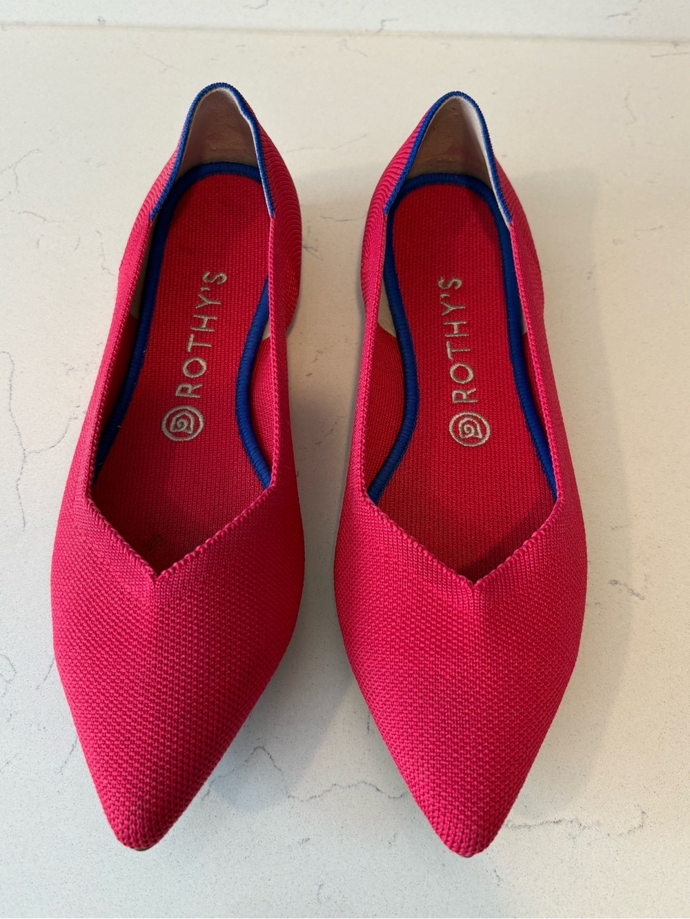 Rothy's Women's Pointed Knit Flats in Bright Pink with Blue Trim